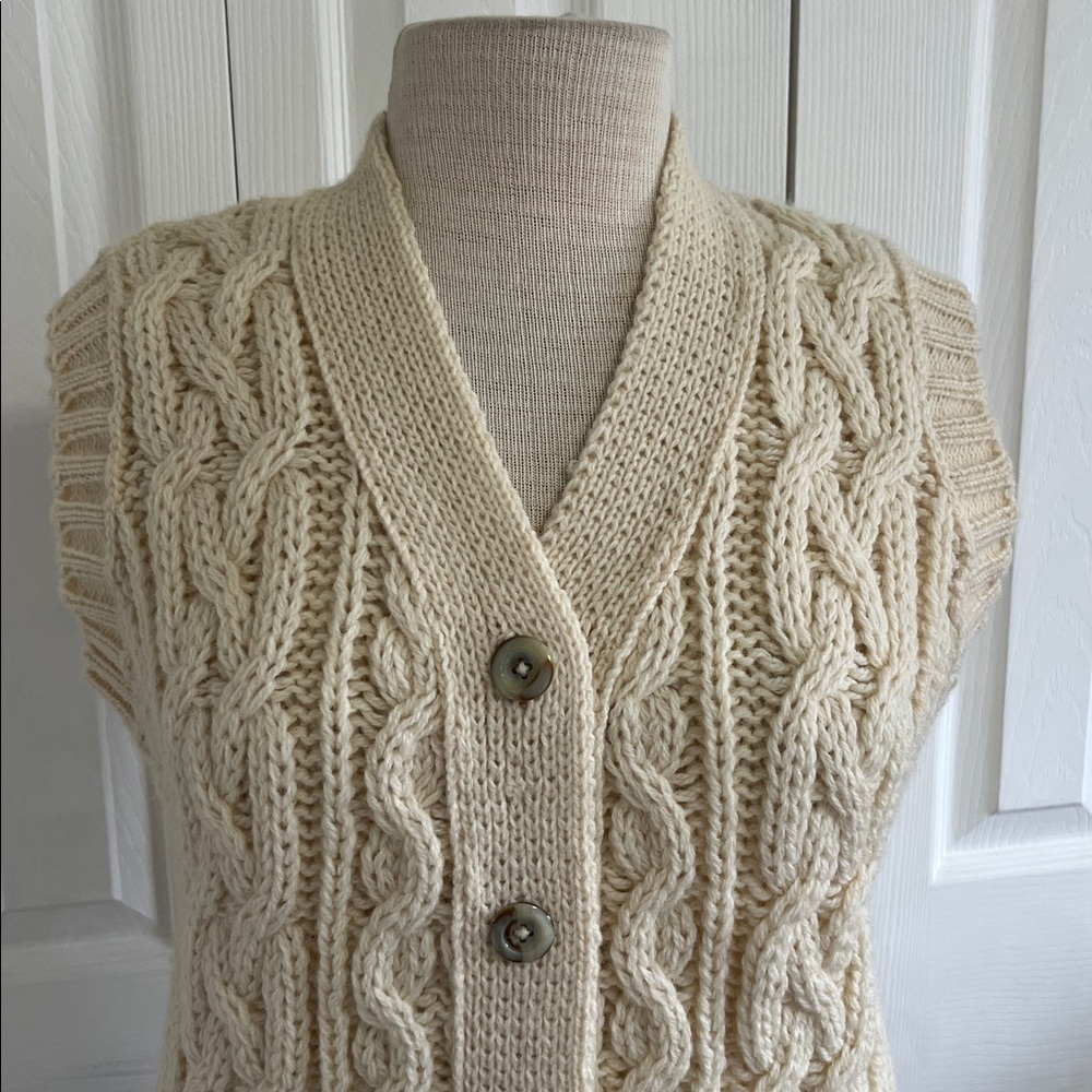Vintage Aran Fisherman Wool Cream Cable Knit Sweater Vest - Picture 2 of 16